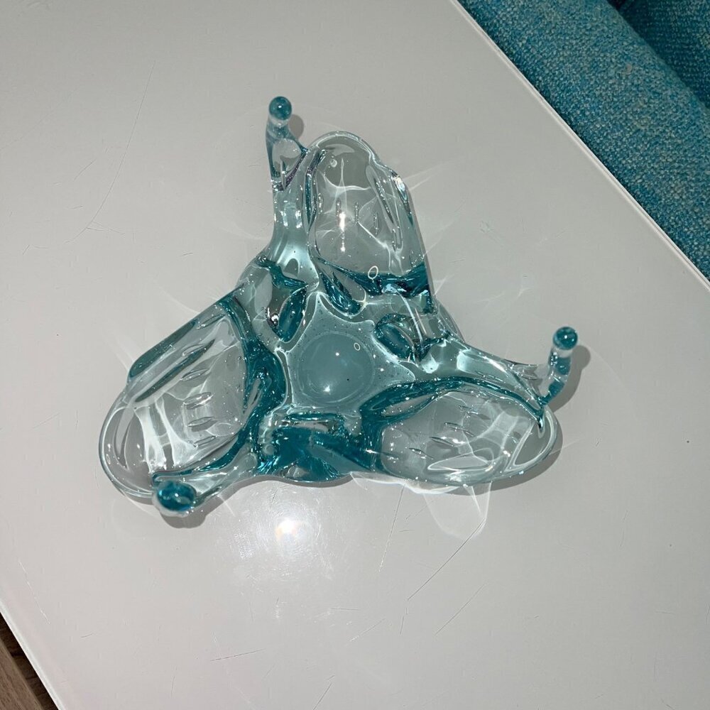Vintage Mid Century Controlled Bubble Three Sided Glass Dish Blue